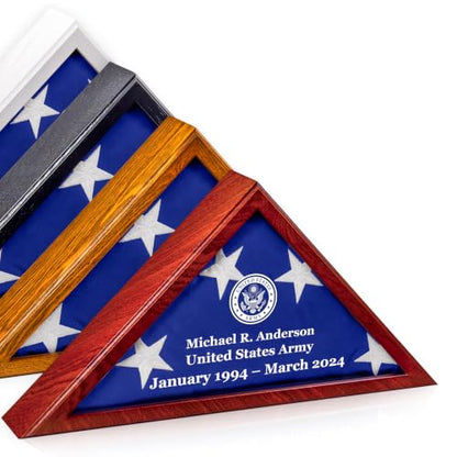 Personalized Flag Display Case for 5' x 9.5' Flag – All Military Branches Available, Veteran Memorial Display Case with Glass Front - size: Mahogany