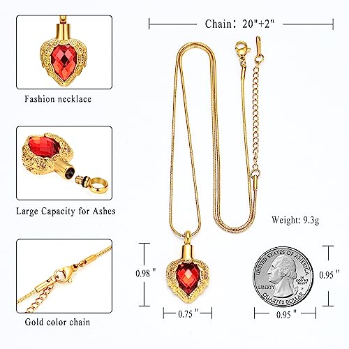memorial jewelry Gold Angel Wings Glass Heart Urn Pet/Human Cremation Pendant Necklace Jewelry for Ashes - color: Red