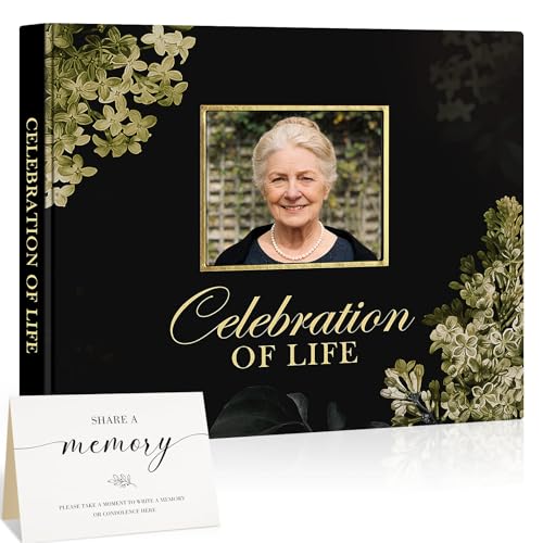 Lanpn Funeral Guest Book for Memorial Service, 100 Pages in Loving Memory Sign in Books for Guests, Funeral Favors Registry Book with Memorial Table Sign, Black, Leather Cover - color: Celebration of Life