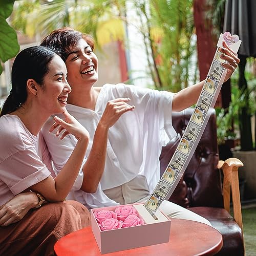 Money Box for Cash Gift Pull, Money Gift Boxes for Cash on Birthday, Christmas, Graduation, Mother's Day, for Husband, Wife, Girlfriend, Mother With Soap Rose Flower and Greeting Cards (Pink+Pink) - color: Pink+Pink