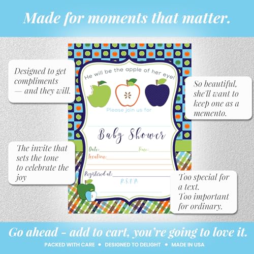 Apple of My Eye Baby Shower Boy Invitations, 20 5x7 Fill In Cards with Twenty White Envelopes by AmandaCreation™ - style: Apple of My Eye Boy