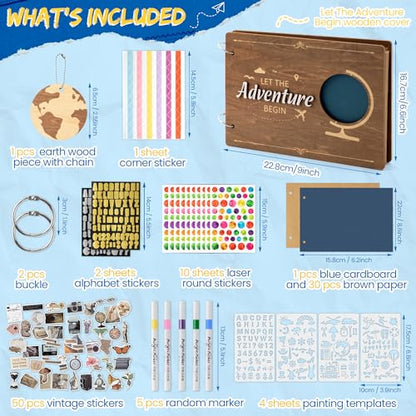 CY2SIDE Travel Photo Album Scrapbook - 111PCS Let The Adventure Begin Wooden Travel Scrapbook Craft Kit, Traveling Diary Photo Book DIY Handmade Souvenir Gifts for Adventure Lovers, Heartfelt Present - style: Travel