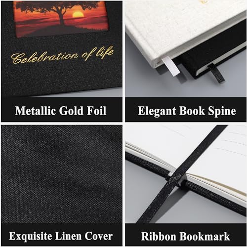SUNEE Funeral Guest Book for Memorial & Funeral Services – in Loving Memory Funeral Book, Celebration of Life Guest Book with 100 Lined Pages, Table Sign, Ribbon Bookmark and Linen Hardcover, Black - color: Black