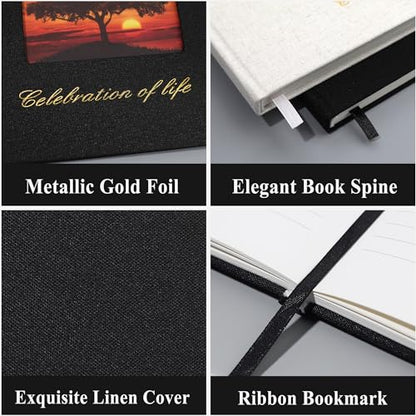 SUNEE Funeral Guest Book for Memorial & Funeral Services – in Loving Memory Funeral Book, Celebration of Life Guest Book with 100 Lined Pages, Table Sign, Ribbon Bookmark and Linen Hardcover, Black - color: Black