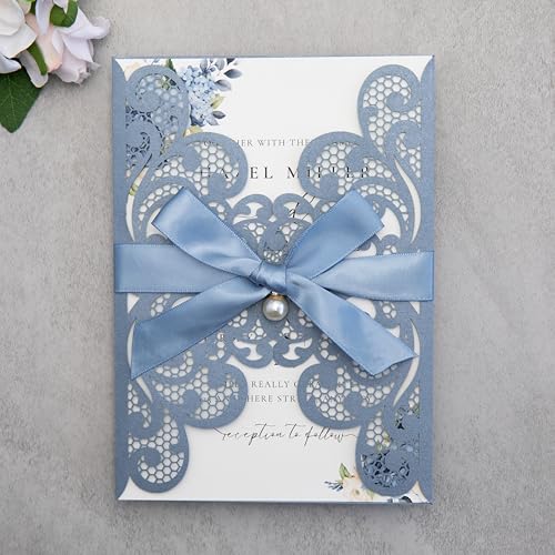 20Pcs Dusty Blue Wedding Invitation Cards With Envelopes - color: Dusty Blue