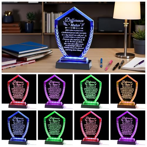 Difference Maker Gifts for Women Men, Appreciation Crystal Plaque | Difference Maker Engraved Definition Desk Decor with Light Base, You Made a Difference Gifts for Teacher Nurse Mentor Boss - style: Difference maker+Light Base