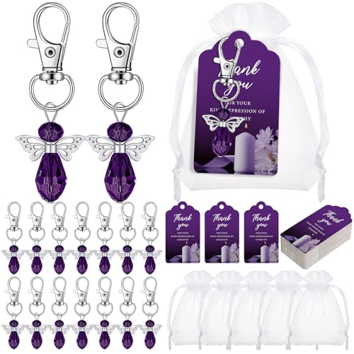 Hicarer 60 Set Funeral Favors Angel Keychains Organza Bags,Purple | Celebration of Life Keepsakes for Guests, Memorial Sympathy Thank You Tags, Drawstring Pouches, Remembrance Return Gifts - color: Purple