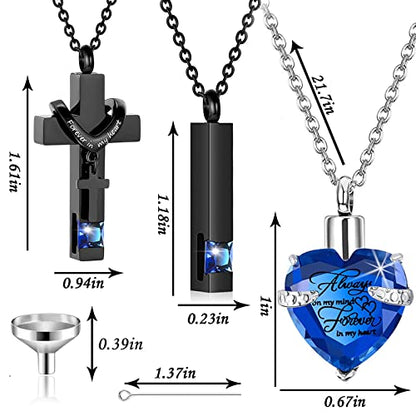 weikui 3 Pieces Heart Cross Cubic Urn Necklace for Ashes for Men Women Cremation Jewelry Crystal Memorial Locket Ashes Pendant Family Keepsake Sharing Jewelry Set - color: 3 Black Pendants - Blue Custom