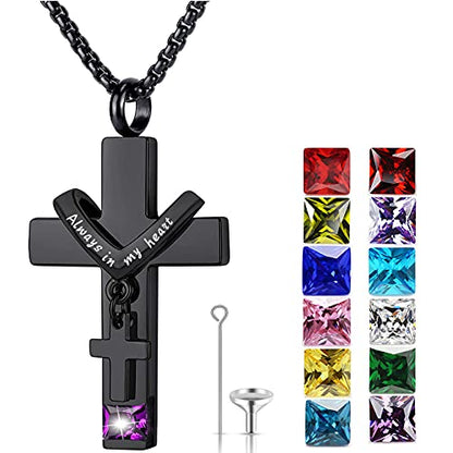 YOUFENG Birthstones Urn Necklaces for Ashes Cross Cremation Pendant Urns for Human Ashes Memorial Keepsake Locket Jewelry - style: February-birthstones