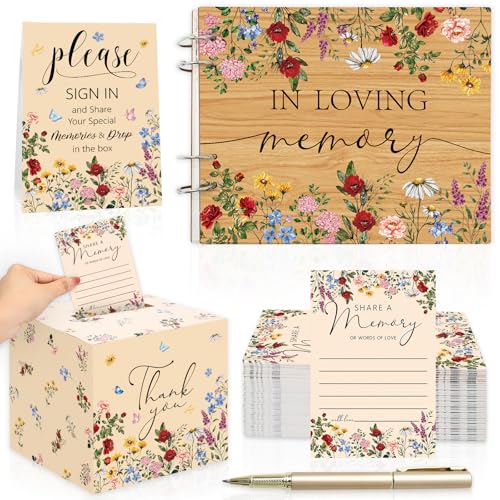 JarThenaAMCS 54Pcs Wooden Funeral Guest Book for Memorial Service Vintage Wildflower Floral Celebration of Life Guest Book with 50 Share A Memory Cards Table Sign Card Box Pen for Loved Ones