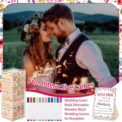 Beeveer 80 Pcs Wedding Guest Book Alternative Wooden Block Guest Book for Wedding Sign in Bridal Shower Decoration 54 Pcs Wooden Block Bridal Shower Game for Sign in, Reception(Wildflower) - style: Wildflower
