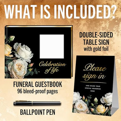Celebration of Life Guest Book for Funeral or Memorial 9"x7", Hardcover Cardboard Floral Remembrance Book w/Sign In Poster, Gold Foil, Photo Window, Memory Keepsake for Loved Ones, Black & White Roses