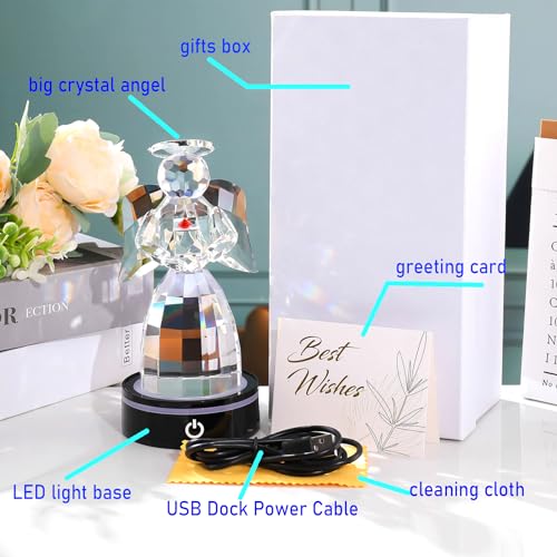 Crystal Guardian Angel Figurine Gifts, with Multicolor LED Light Base | Angel Figurines, Guardian Angel Statue, Guardian Angel light, Birthday Gifts for Grandma, Aunt - color: Gift Box
