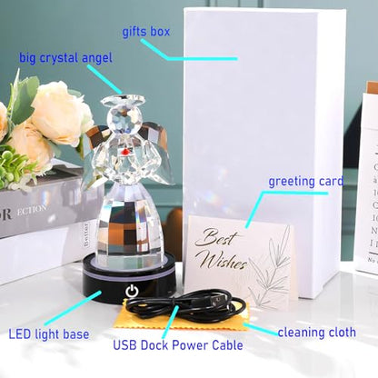 Crystal Guardian Angel Figurine Gifts, with Multicolor LED Light Base | Angel Figurines, Guardian Angel Statue, Guardian Angel light, Birthday Gifts for Grandma, Aunt - color: Gift Box