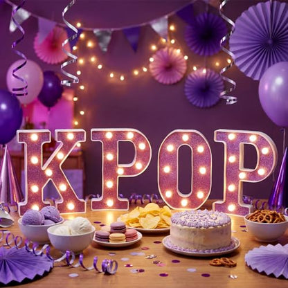 4 Pcs Kpop Birthday Decorations Purple 8.6 Inch Kpop LED Letter Lights Pop Prom Party Supplies Music Theme Anniversary for Character Fans Super Singer Birthday Decorations for Wall Shelf Table - style: Kpop