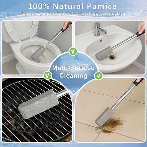 Pumice Stone Toilet Cleaner with Handle – 4 No-Touch Heads for Hard Water - color: Black+Grey