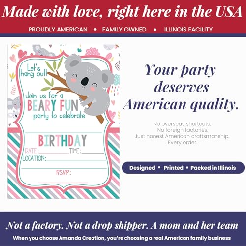 Amanda Creation Koala Birthday Invitations, 20 Pack 5x7 Fill-In Koala Party Invitations with White Envelopes, Let's Hang Out Cute Bear Birthday Cards, Made in USA - color: Let's Hang Out Cute Koala Bear