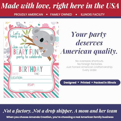 Amanda Creation Koala Birthday Invitations, 20 Pack 5x7 Fill-In Koala Party Invitations with White Envelopes, Let's Hang Out Cute Bear Birthday Cards, Made in USA - color: Let's Hang Out Cute Koala Bear