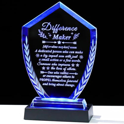 Difference Maker Gifts for Women Men, Appreciation Crystal Plaque | Difference Maker Engraved Definition Desk Decor with Light Base, You Made a Difference Gifts for Teacher Nurse Mentor Boss - style: Difference maker+Light Base