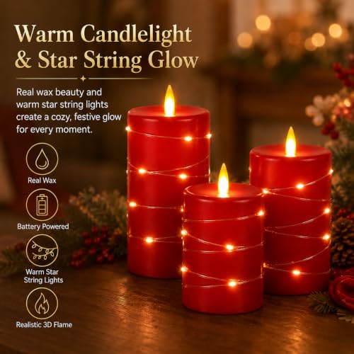 Upinmz Red Flameless Candle with Remote Control and Timer,Flickering Battery Operated Candles with String Lights,LED Pillar Candles,Set of 3 - size: Red-Wax-3 Pack