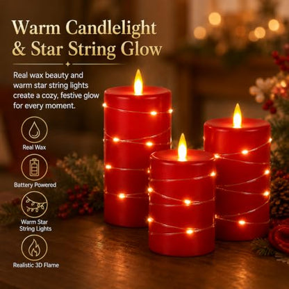 Upinmz Red Flameless Candle with Remote Control and Timer,Flickering Battery Operated Candles with String Lights,LED Pillar Candles,Set of 3 - size: Red-Wax-3 Pack