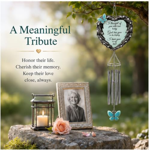 Memorial Wind Chimes Sympathy Gift for Loss of Loved One, Heart Angel Wings & Butterfly Design, “I Thought of You with Love Today” Remembrance Wind Chime, Bereavement Gift for Family or Friends, 23"