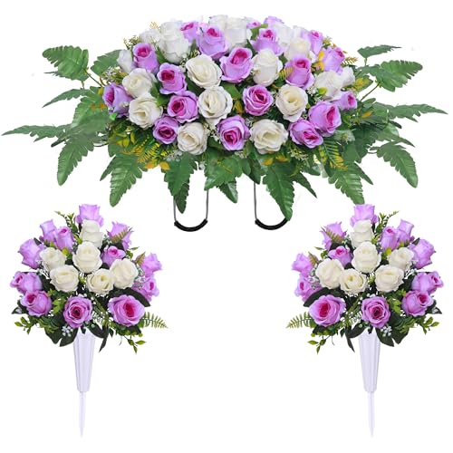 Lodou 3 Pcs Artificial Cemetery Flower Saddles, Rose Headstone Flower Saddle,Cemetery Memorial Flowers with Vase for Outdoor Grave Tombstone Decorations ﻿ (Purple White) - color: Purple White
