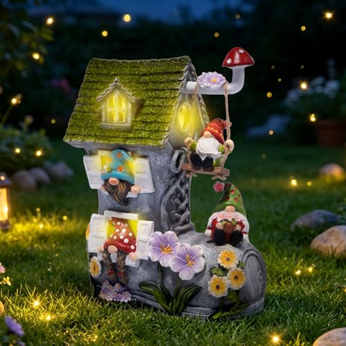 basen Solar Garden Gnome House, Resin Boot Fairy Cottage with LED Lights, Whimsical Outdoor Yard Decor for Patio, Lawn, Porch, Flower Bed, Pathway, Spring Summer Garden Gift - color: Boot Fairy Cottage-green