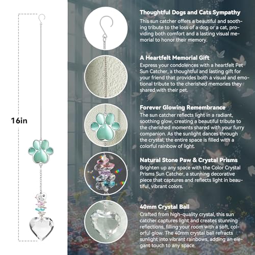 Dog Memorial Gifts, Pet Memorial Suncatcher, Loss of Dog Sympathy Gift | Thoughtful Dogs and Cats Bereavement Remembrance Gifts, Natural Cat's Eye Stone Paw Crystal Suncatcher - color: Jade