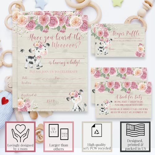 Baby Shower Invites for Girls – Watercolor Pink Floral Cow Baby Shower Invitation Bundle with Diaper Raffle Tickets, Book Request Cards & Envelopes. Set of 20 5X7 Pink Cow Invitation Kit Sets - style: Cow