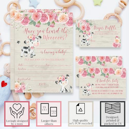 Baby Shower Invites for Girls – Watercolor Pink Floral Cow Baby Shower Invitation Bundle with Diaper Raffle Tickets, Book Request Cards & Envelopes. Set of 20 5X7 Pink Cow Invitation Kit Sets - style: Cow