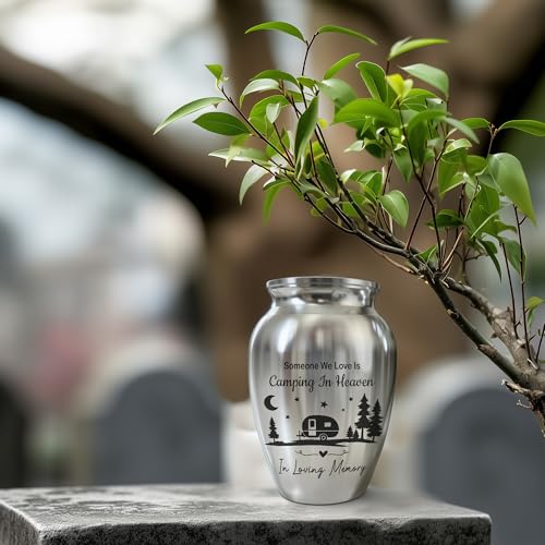 Forest Camping Memorial Mini Urn, Stainless Steel Small Keepsake Urn for Human Ashes, Engraved Campfire Design, 2.56" Funeral Remembrance Vessel for Camper & Nature Lovers