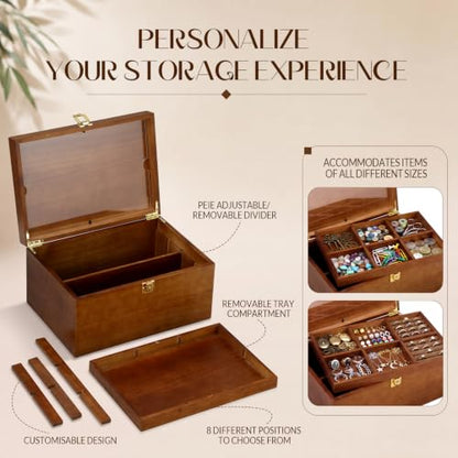 Junkin Large Wooden Keepsake Box with Lock & Photo Frame Lid Customizable Dividers Elegant Wedding Treasure Box for Photos, Letters, Time Capsules, Bride Gift, Decorative Storage