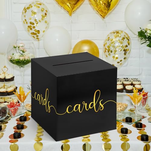 Hooqict Black Card Box with Slot 9.1" Gold Foil Gift Card Box for Party, Graduation, Wedding Reception, Birthday, Bridal or Baby Shower, Raffle Ticket Money Envelope Holder - color: Black Gold