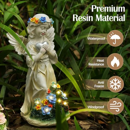Angel Garden Statue 2Pcs,Love Heart Solar Decor with Warm Light | Waterproof Praying Angel Statue with Flowers,Outdoor Garden Decor Sculpture for Lawn Yard Patio Garden Present, Apricot - style: Heart Praying Angel