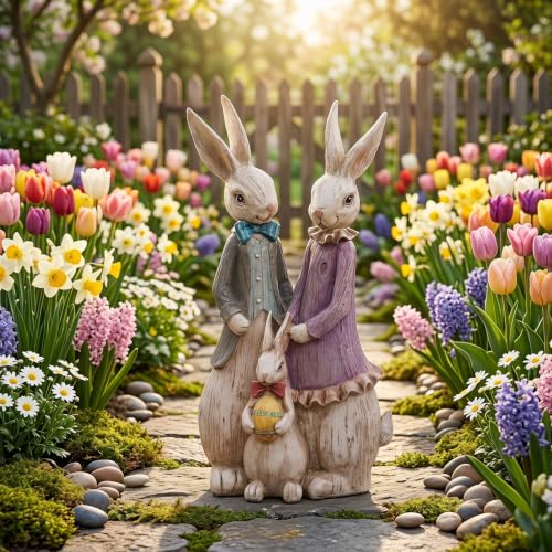 Topadorn Bunny Family Garden Statue, Hand Painted Resin Spring Garden Decor | Hand-painted resin bunny family garden statue with weather-resistant finish for spring, Easter, patio, yard and outdoor décor - color: Purple
