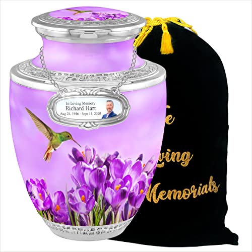 Personalized Medallion Hummingbird Tranquillity Cremation Urns for Adult Ashes Male Females - Handcrafted Funeral Decorative Urns for Ashes Adult Male with Velvet Bag - color: Hummingbird Tranquillity Free Personalized Medallion