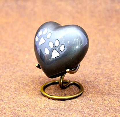 eSplanade Brass Mini Cremation Urn Heart-Shaped Keepsake Memorial Jar Pot Container | Small Urn for Funeral Ashes Burial | Paws Engraved Metal Keepsake with Stand | Black - 2.75" Inches