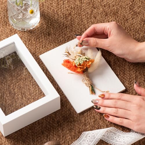 4x6 Small Shadow Box Frame with Ultra-Clear Glass & Soft Linen Back | With Push Pins and Stand, Deep 1.2" White Shadow Box Display Case – Display on Tabletop or Wall for Photo, Flower, Keepsakes - color: White+high Definition Panel + Shatter-proof Packagi