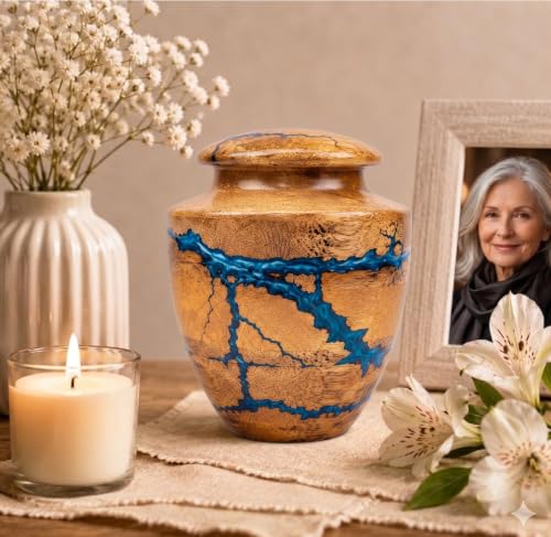 Wooden Handcrafted Urn (Small Keepsake (20 lbs)) in Capacity. Decorative urn for Ashes Blue Raising Urn for Man and Women Burial and Funeral Urn Handcrafted Unique Fractal Burning Design - size: Small keepsake (20 lbs)