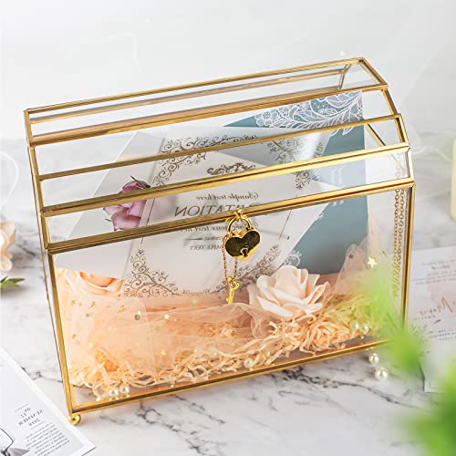 Gold Wedding Glass Card Box with Slot and Heart Lock, Large Clear Card Box for Wedding Reception, Bridal Shower, Handmade Brass Glass Display Box Weddings Centerpiece - color: slot and heart lock