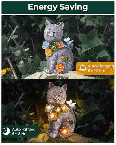 Vuees Solar Garden Statues Outdoor Decor, 6 LED Cat Flowers Butterfly Figurine Lights, Waterproof for Balcony Patio Porch Lawn Yard Ornament Art - Gift Ideas for Housewarming Gardening Grandma Women - style: Cat & Flowers