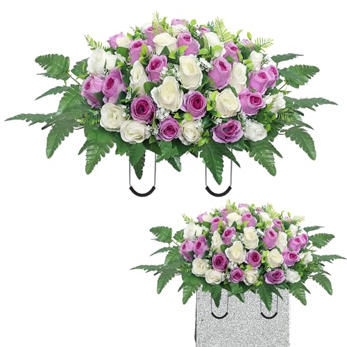 Artificial Cemetery Flowers Saddle,Cemetery Grave Decoration Headstone Flower Saddle Rose Headstone Flower Saddle Outdoor Grave Decorations (Purple White) - color: Purple White
