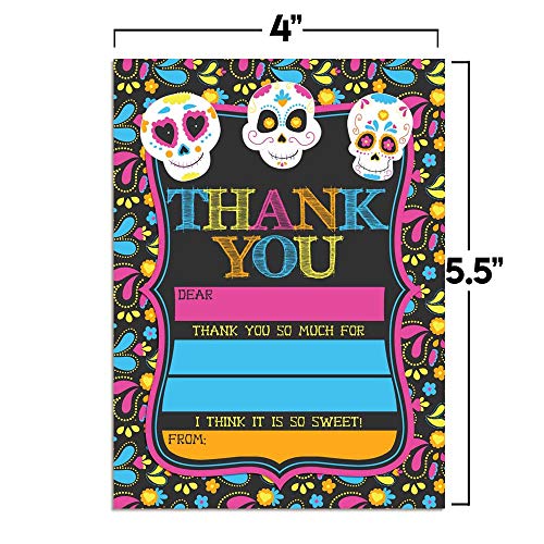 Sugar Skull Day of The Dead, Dia De Los Muertos, Colorful Halloween Thank You Notes for Kids, Ten 4" x 5.5" Fill In The Blank Cards with 10 White Envelopes by AmandaCreation - style: Sugar Skull Day of The Dead