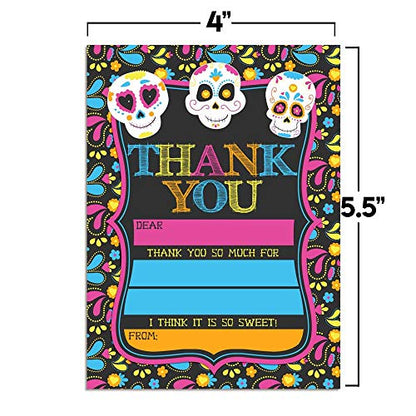 Sugar Skull Day of The Dead, Dia De Los Muertos, Colorful Halloween Thank You Notes for Kids, Ten 4" x 5.5" Fill In The Blank Cards with 10 White Envelopes by AmandaCreation - style: Sugar Skull Day of The Dead