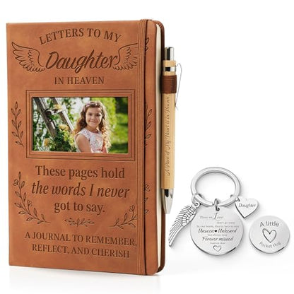 Letters to My Daughter in Heaven Leather Journal with Photo Slot, Sympathy Gift for Loss of Daughter, Memorial Notebook with Pen & Keychain, Bereavement Gift for Grieving Parents - color: Loss of Daughter