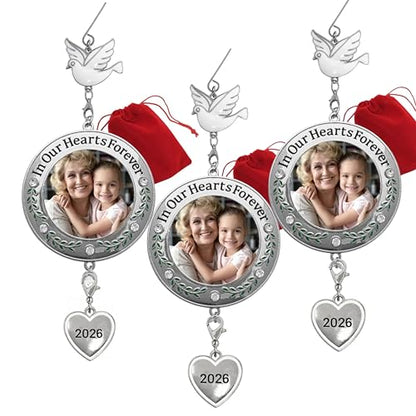 Memorial Christmas Photo Ornaments 2026, Set of 3 Remembrance Keepsakes, in Our Hearts Forever Sympathy Ornaments with Clear Gems, Floral Accents, Dove Hooks and Gift Bags, 3 Inch - size: 3 Pack