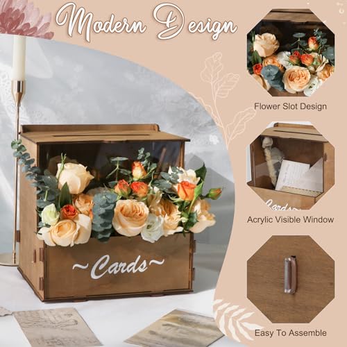 Wedding Card Box with Flower Trough & Acrylic Display Panel for Decorations | Personalized Floral Display, Rustic Wedding Card Boxes for Reception, Large-Capacity Gift Card Box, Easy Assembly & Reusable