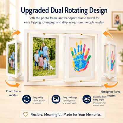 Family Handprint Frame Kit,White Dual Rotating Photo & Handprint Display, DIY Keepsake Craft with Wooden Frame, Non-Toxic Paints, Baby Hand & Footprint Kit, Gift for Grandparents & New Parents - color: White Frame, size: Dual Spin - Handprint & photo