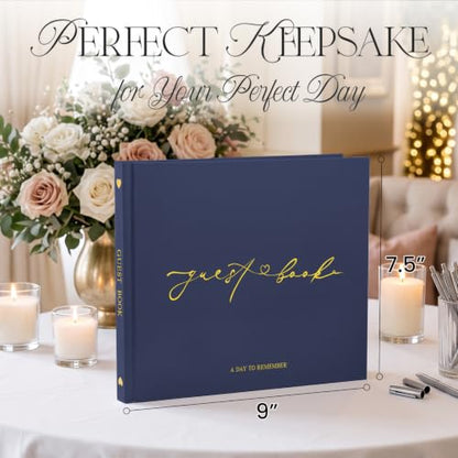 Wedding Guest Book, Polaroid Photo Guestbook for Baby Shower, Blank Pages | Table Sign Included, Gold Stamping, Hardcover, 9x7.5", Perfect for Bridal Party & Baby Shower, Navy - color: Navy